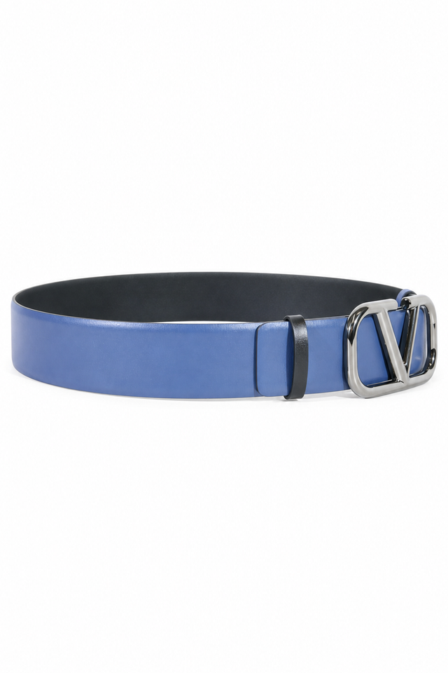 Valentino Garavani VLogo Reversible Leather Belt in Cornflower Blue & Black