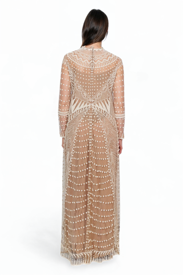 Valentino Beige Geometric Embroidered Sheer Gown