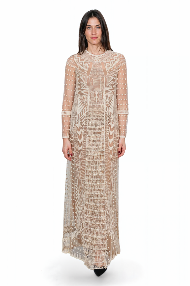Valentino Beige Geometric Embroidered Sheer Gown