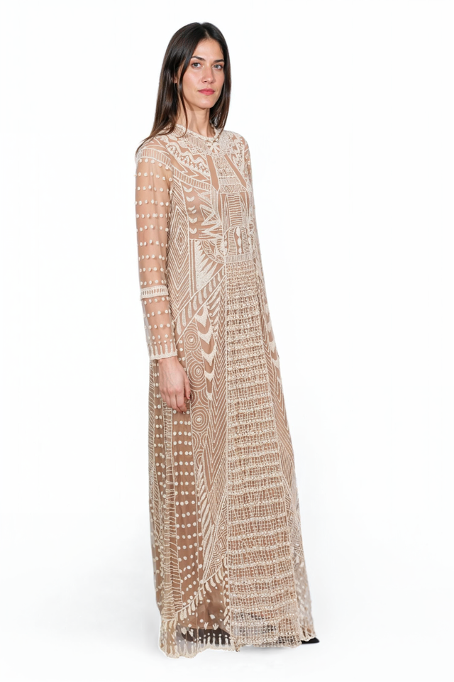 Valentino Beige Geometric Embroidered Sheer Gown