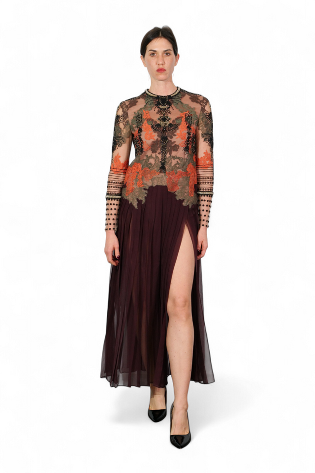 Valentino Embroidered Tulle and Pleated Silk Gown — Burgundy & Burnt Orange