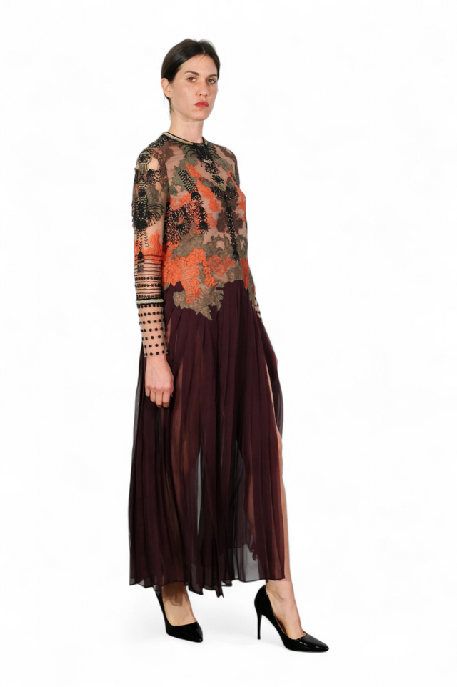 Valentino Embroidered Tulle and Pleated Silk Gown — Burgundy & Burnt Orange