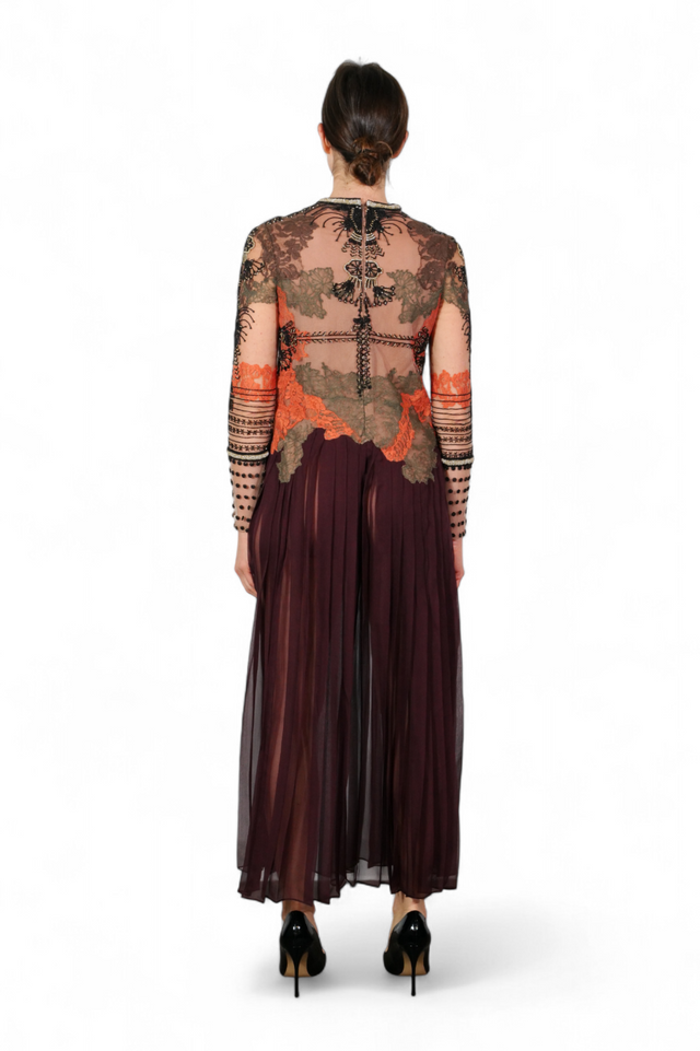 Valentino Embroidered Tulle and Pleated Silk Gown — Burgundy & Burnt Orange