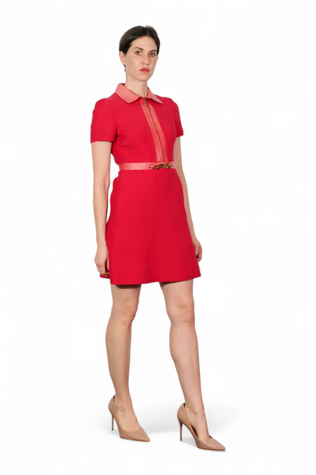 Valentino Wool Mini Dress with Leather Trim and Gold V Detail — Red