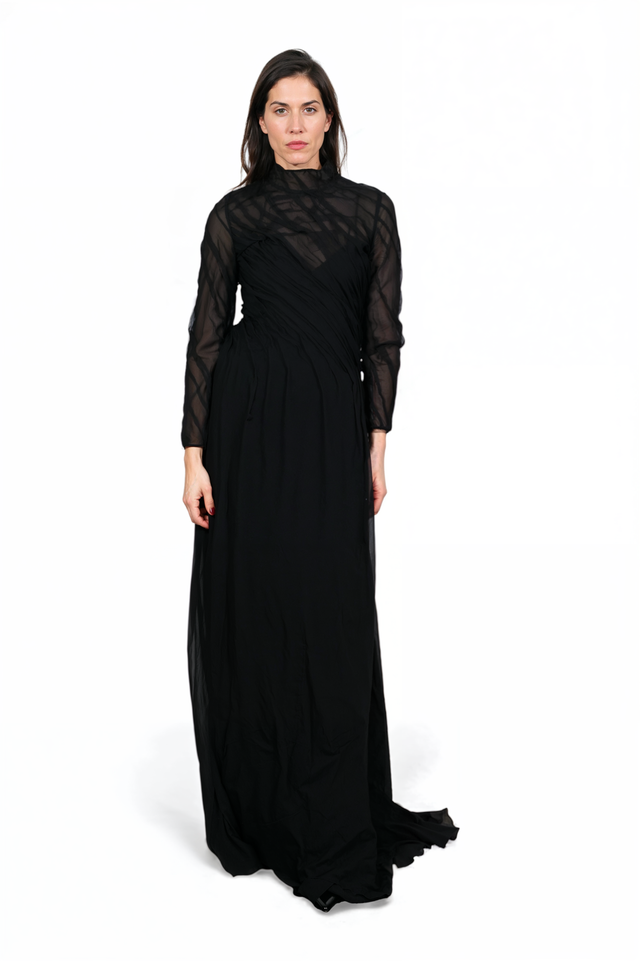 Valentino Sheer Tulle Draped Black Gown