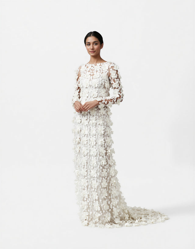 Valentino Floral Appliqué Long-Sleeve Evening Gown