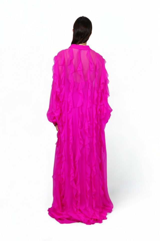 Valentino Fuchsia Silk Ruffle Gown with Cape Overlay