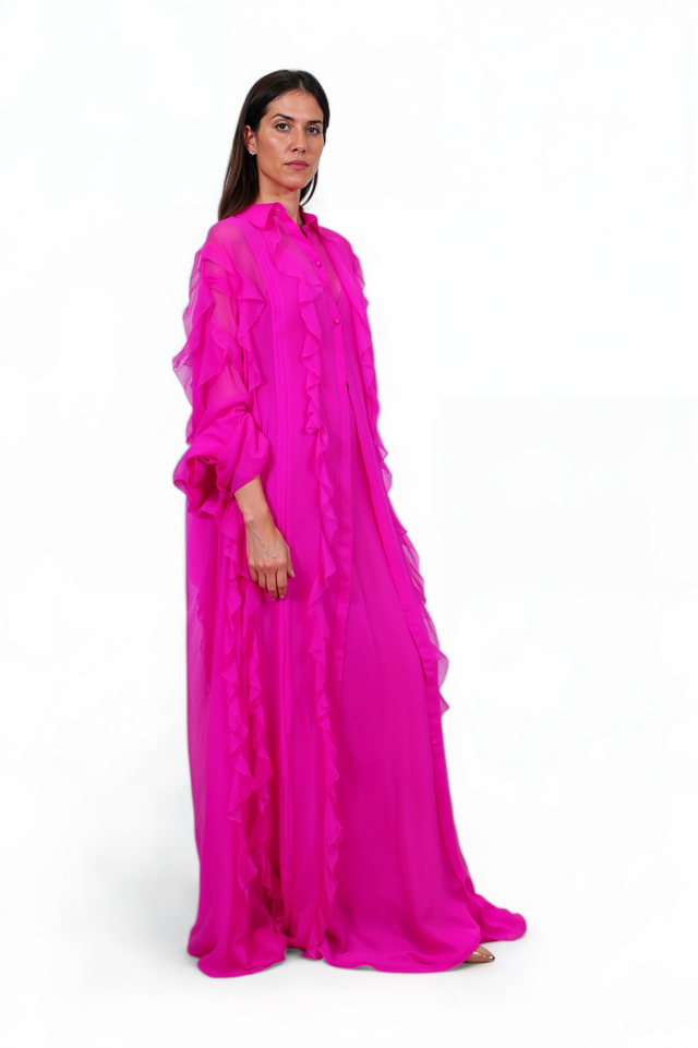 Valentino Fuchsia Silk Ruffle Gown with Cape Overlay
