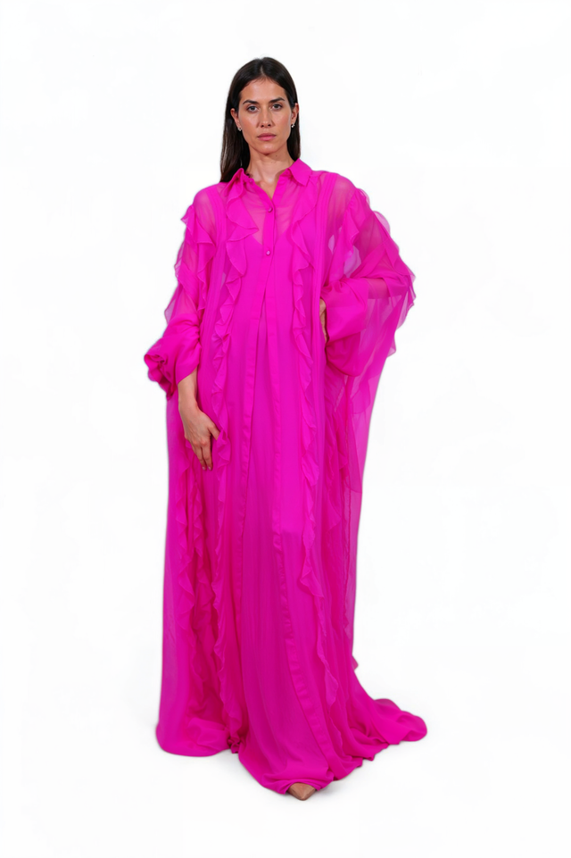 Valentino Fuchsia Silk Ruffle Gown with Cape Overlay