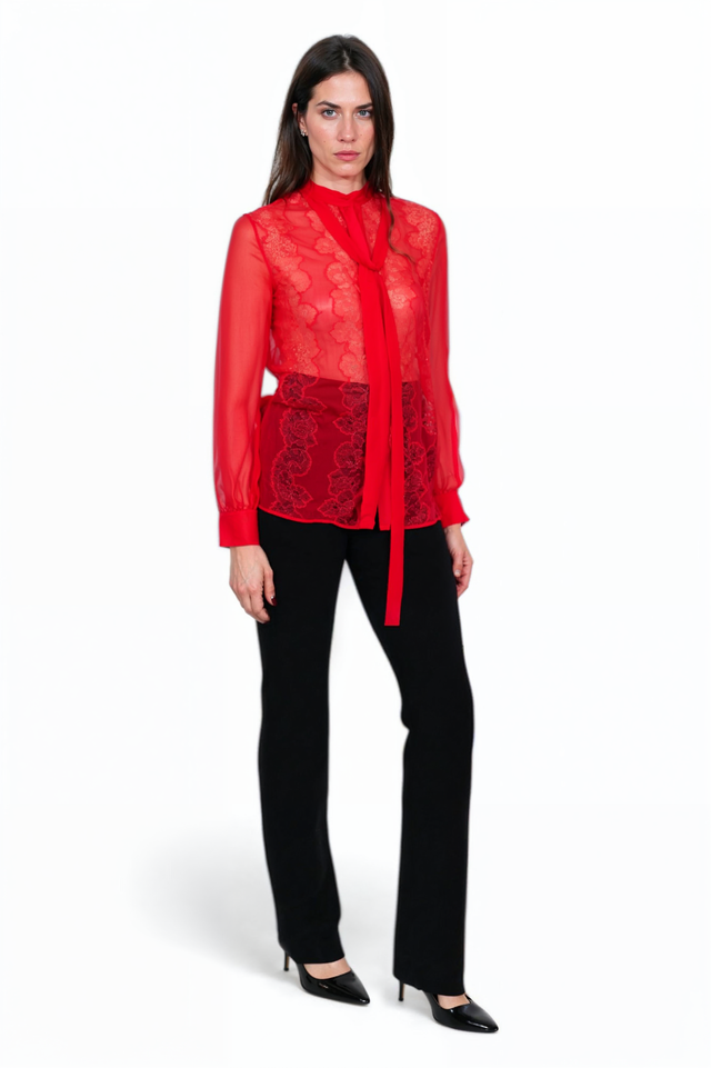 Valentino Sheer Lace Tie-Neck Blouse – Black or Red