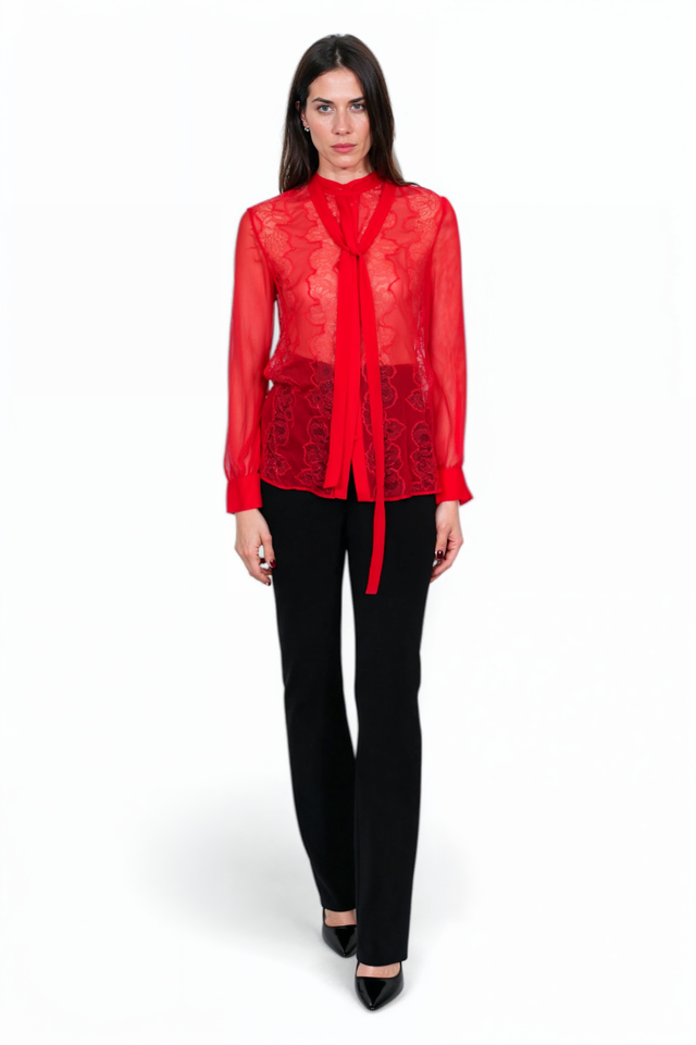 Valentino Sheer Lace Tie-Neck Blouse – Black or Red