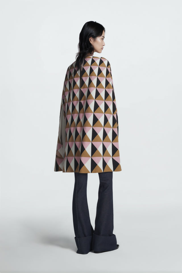 Valentino Geometric Print Cape Coat in Pink, Camel, and Black