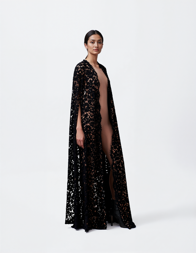 Valentino Black Lace Floor-Length Cape Coat
