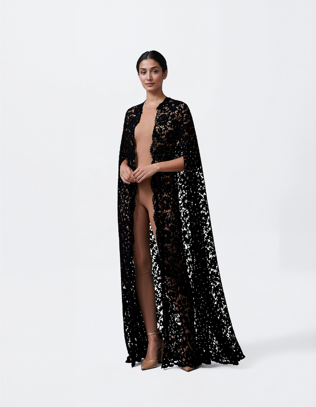 Valentino Black Lace Floor-Length Cape Coat