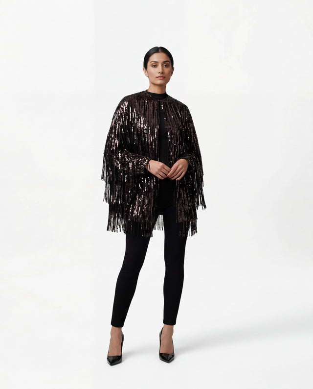 Valentino Black Sequin Fringe Evening Jacket with open-front silhouette