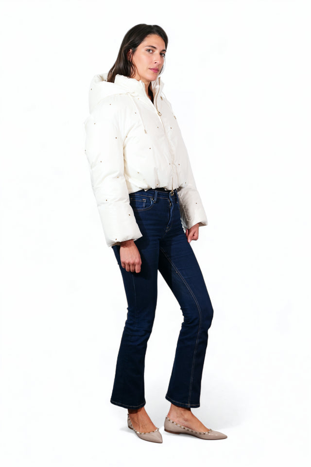 Valentino White Down Hooded Puffer Jacket with Stud Detailing