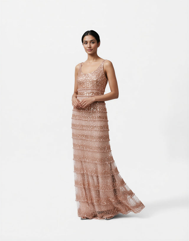 Valentino Rose Gold Embellished Sleeveless Evening Gown