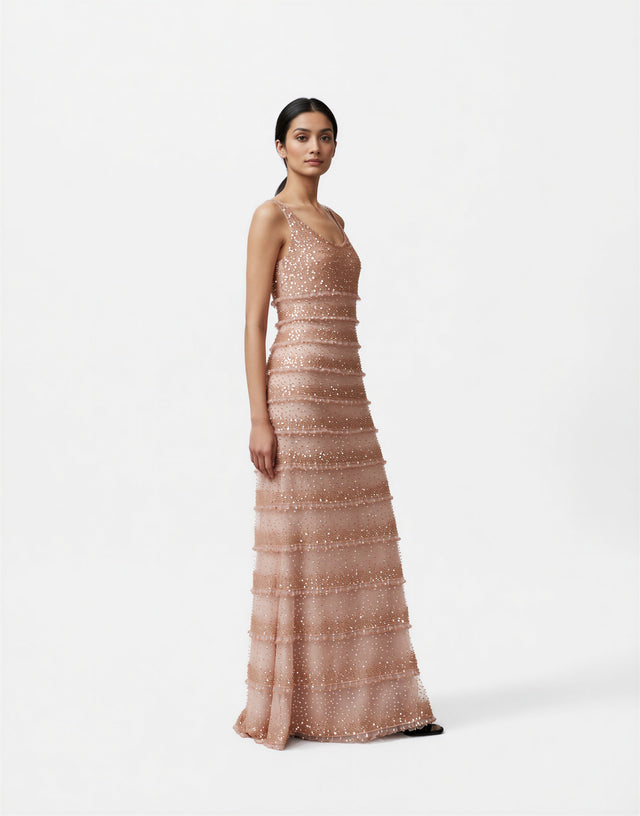 Valentino Rose Gold Embellished Sleeveless Evening Gown