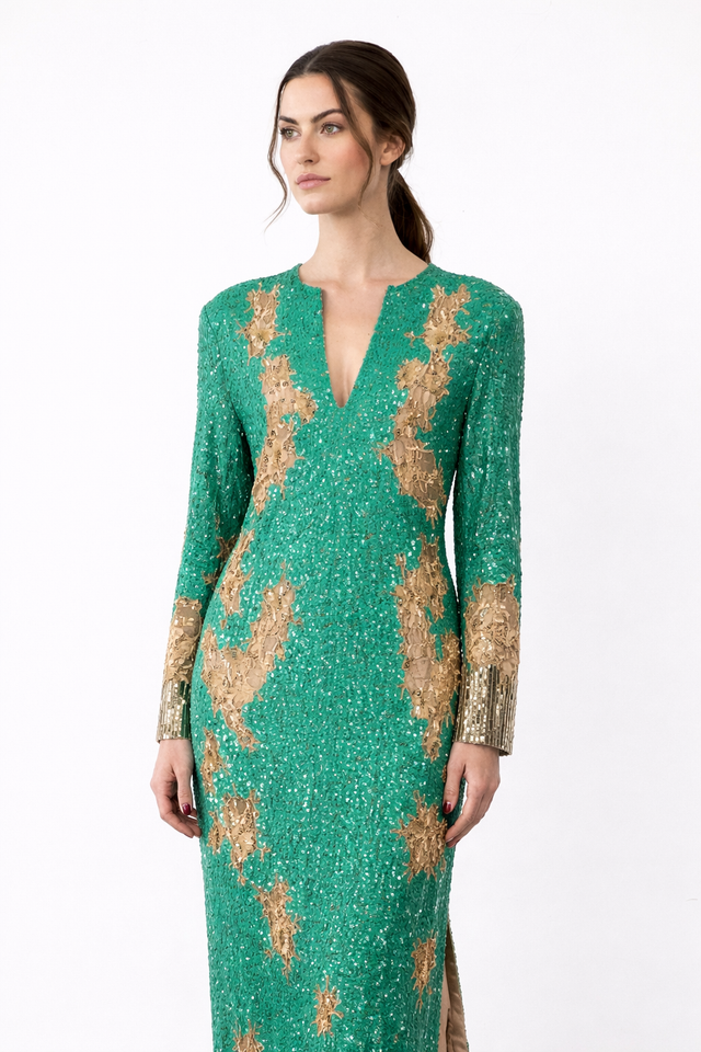 Valentino emerald green long-sleeve evening gown with gold embellishment