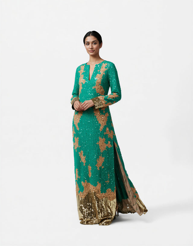Valentino Emerald Green & Gold Embellished Long-Sleeve Evening Gown
