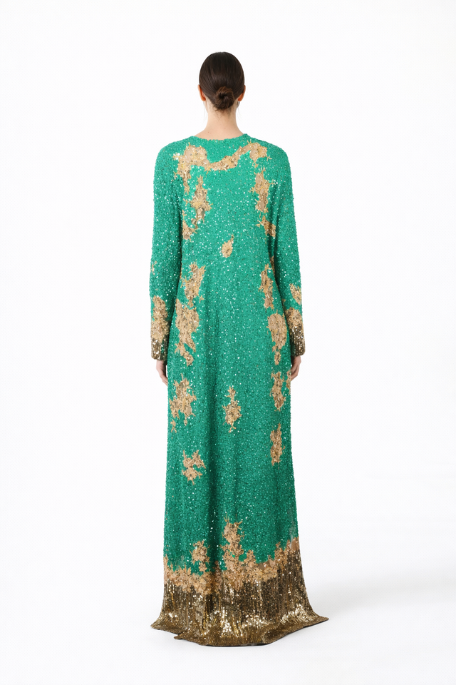 Valentino emerald green long-sleeve evening gown with gold embellishment