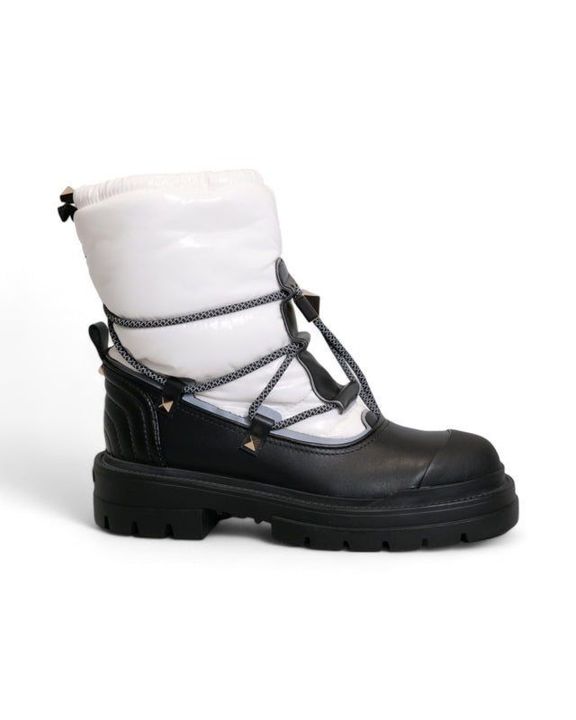 Valentino Black and White Quilted Snow Boots with Studded Lace Detail