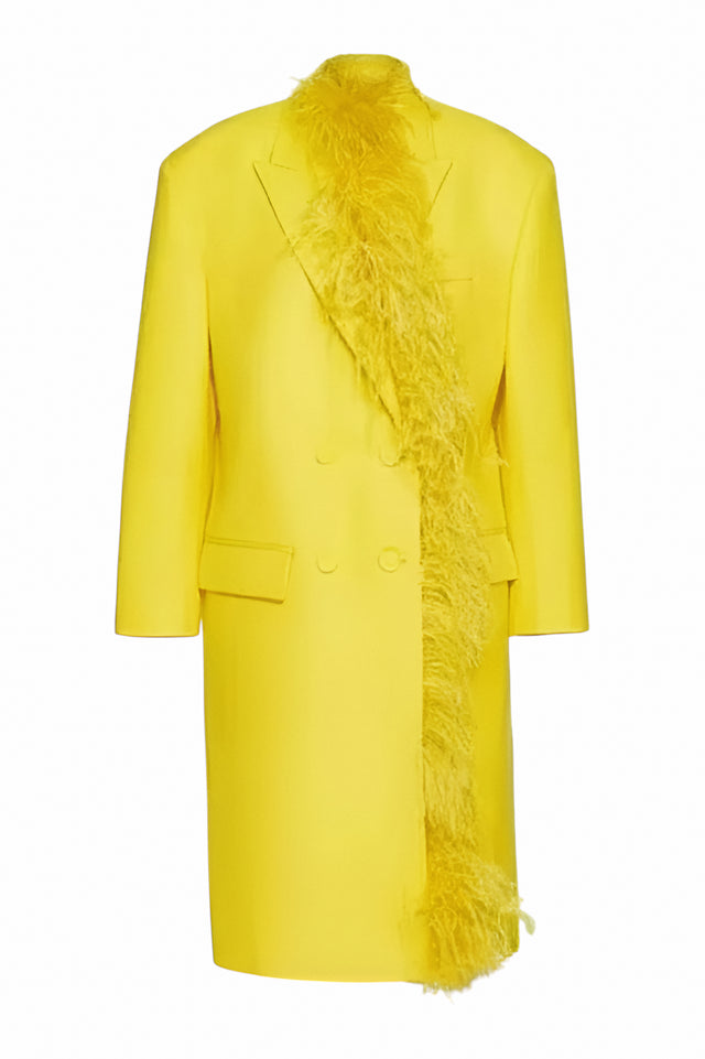 Valentino Yellow Double-Breasted Coat with Feather Trim