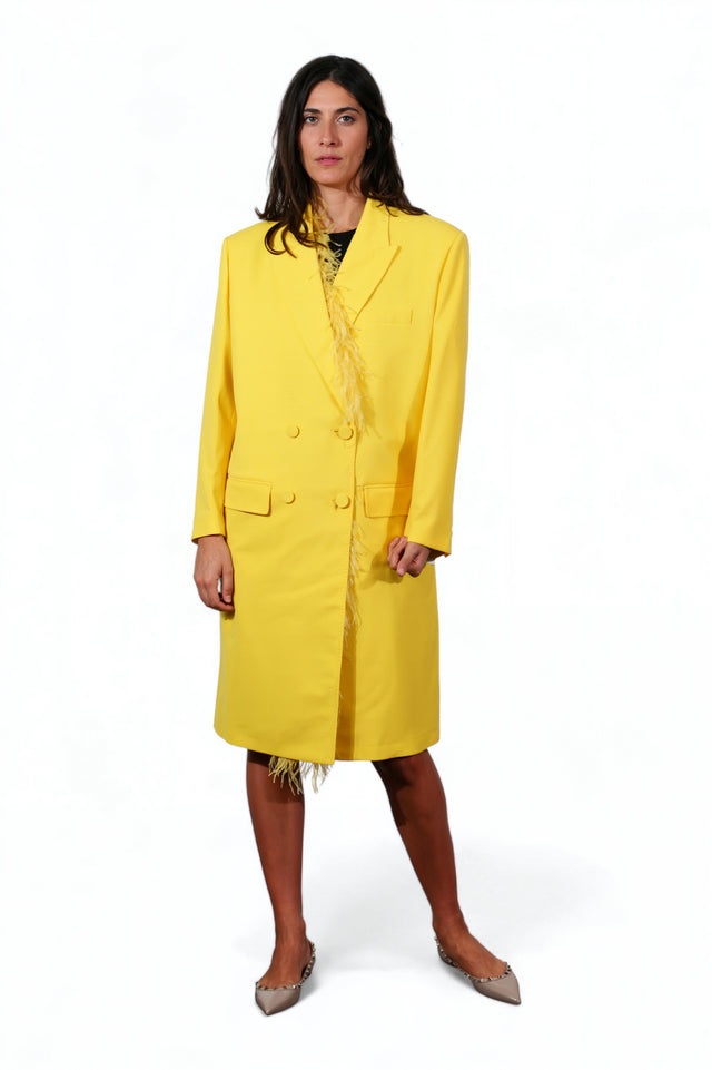 Valentino Yellow Double-Breasted Coat with Feather Trim