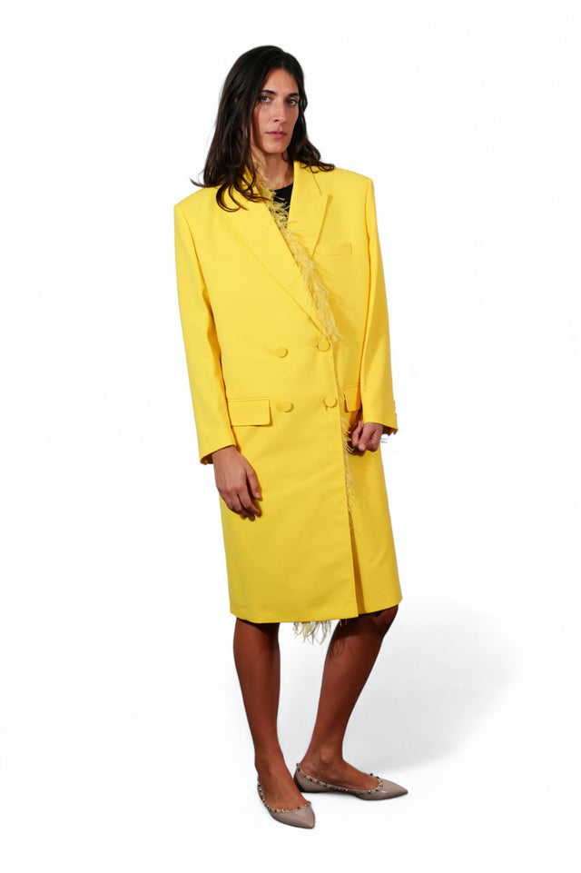 Valentino Yellow Double-Breasted Coat with Feather Trim