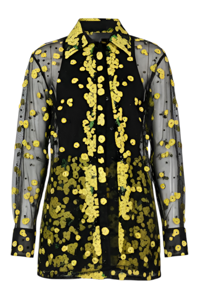 Valentino Embellished Sheer Blouse — Yellow Sequin Detail
