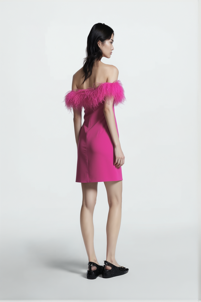 Valentino Fuchsia Feather-Trimmed Crepe Mini Dress