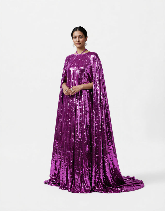 Valentino Purple Sequin Cape-Style Evening Gown