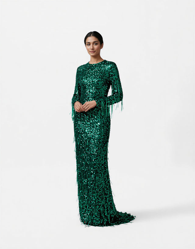 Valentino Emerald Sequin Fringe Long-Sleeve Evening Gown