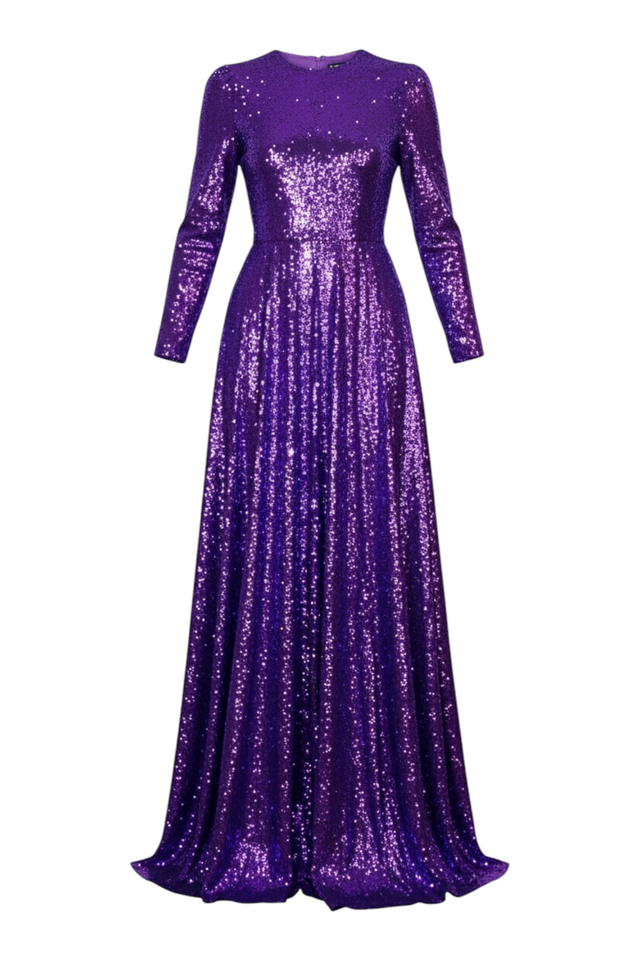 Valentino Long-Sleeve Sequin Gown in Violet