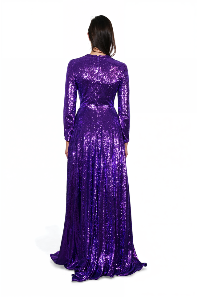 Valentino Long-Sleeve Sequin Gown in Violet