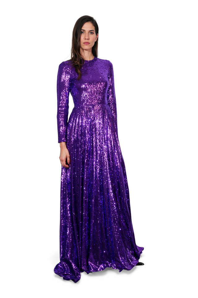 Valentino Long-Sleeve Sequin Gown in Violet