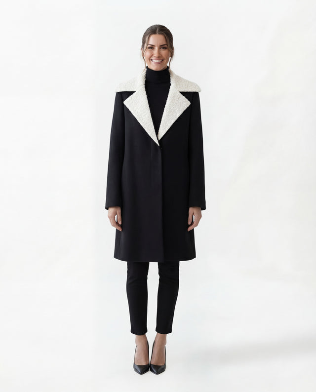 Valentino Black Wool Coat with Shearling Collar