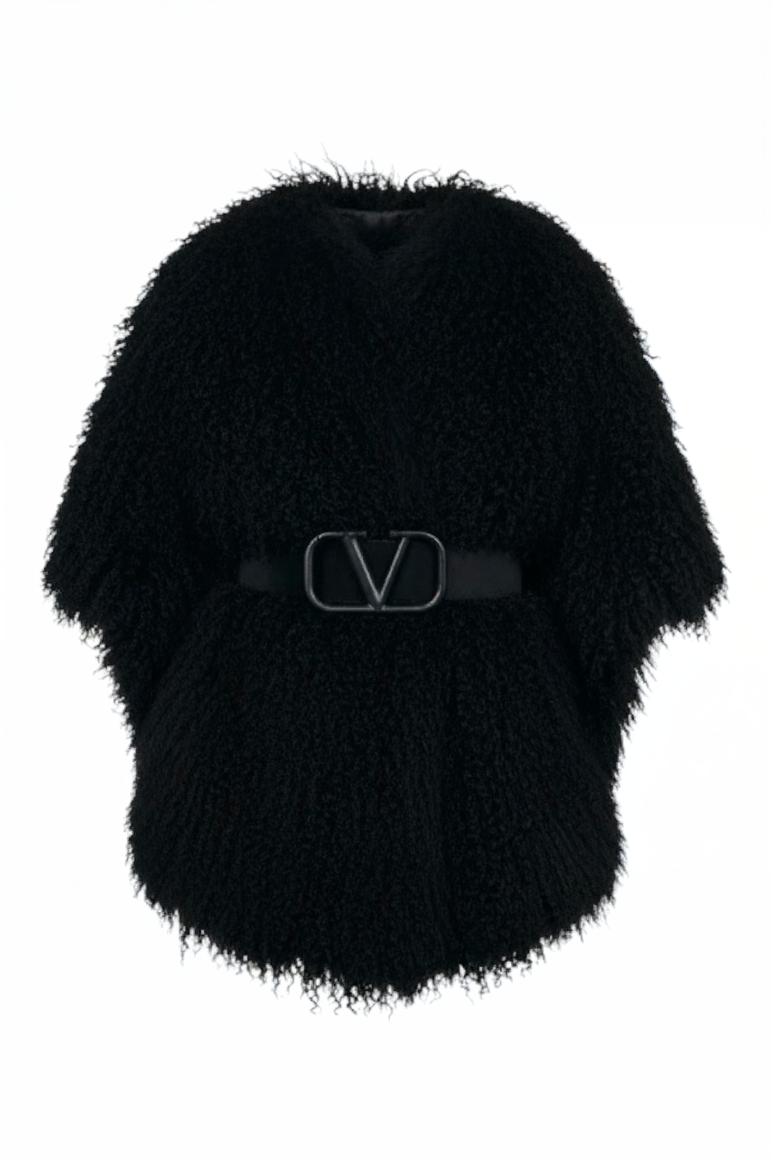 Black Shearling Cape Coat with V-Logo Belt – MSA Haute Couture