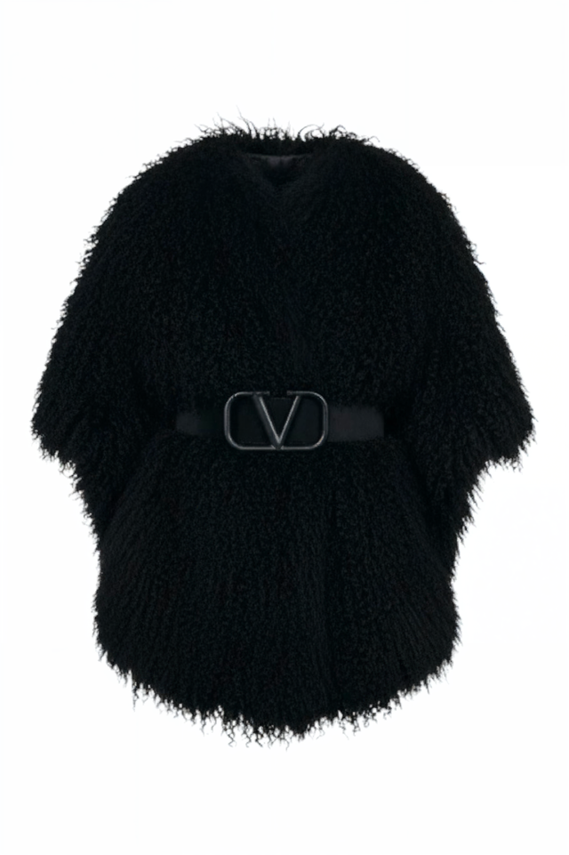 Black Shearling Cape Coat with V-Logo Belt