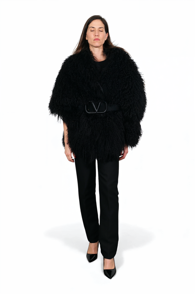 Black Shearling Cape Coat with V-Logo Belt