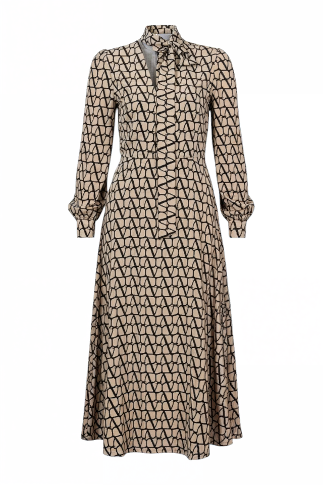 Valentino Geometric Print Tie-Neck Midi Dress