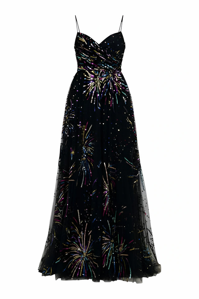 Valentino Black Tulle Gown with Multicolor Firework Embroidery