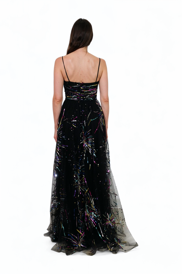 Valentino Black Tulle Gown with Multicolor Firework Embroidery