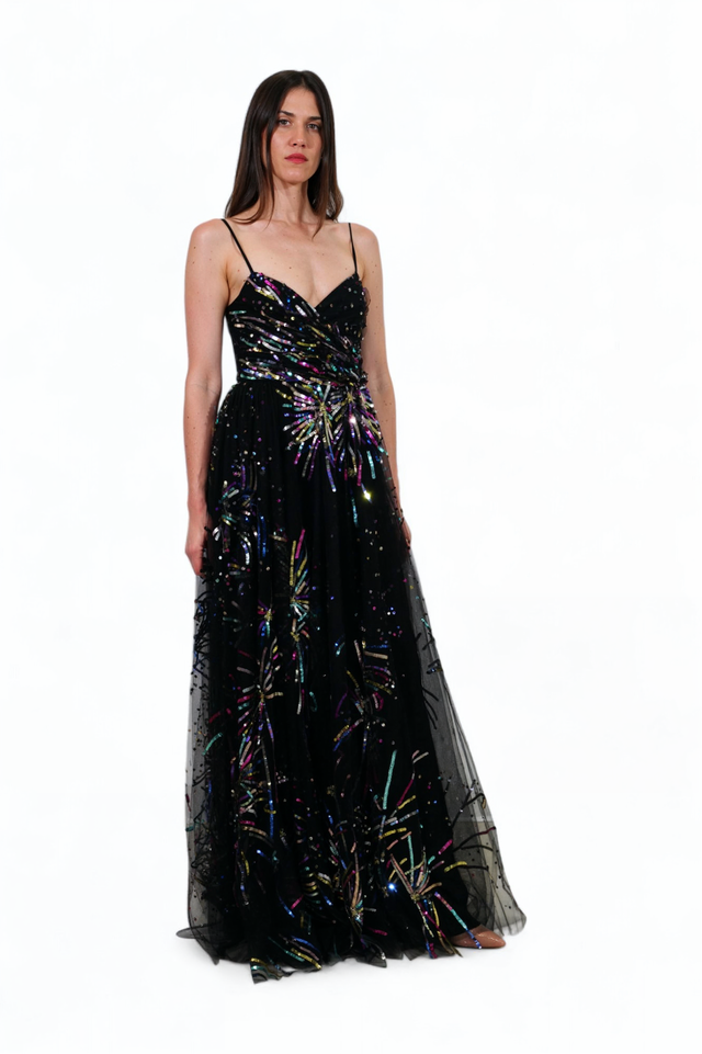 Valentino Black Tulle Gown with Multicolor Firework Embroidery