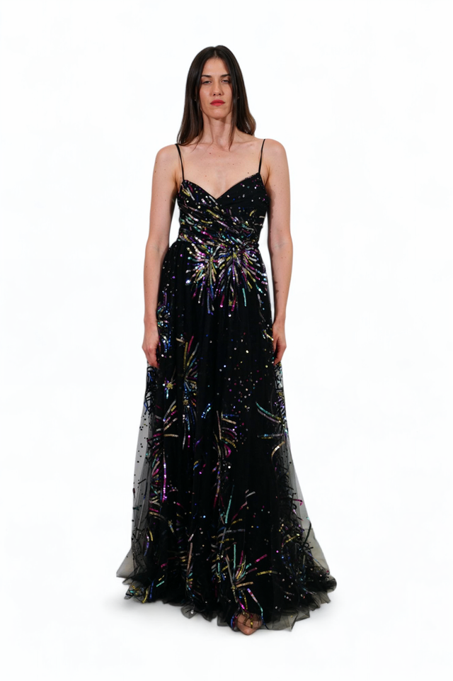 Valentino Black Tulle Gown with Multicolor Firework Embroidery