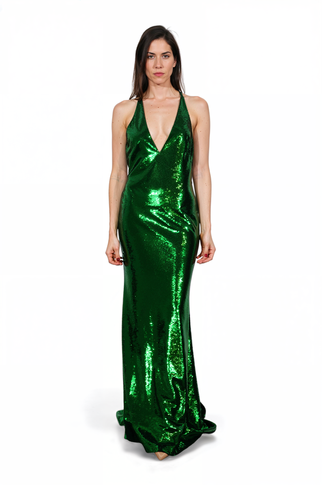 Valentino Emerald Sequin Halter Gown