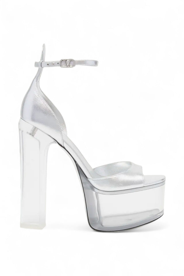 Valentino Garavani Mirror Leather Platform Sandals – Silver