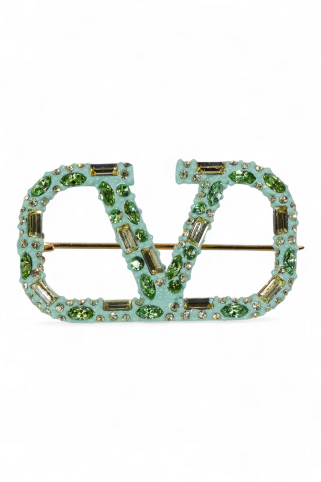 Valentino Garavani VLogo Crystal Brooch — Mint Green & White Variants