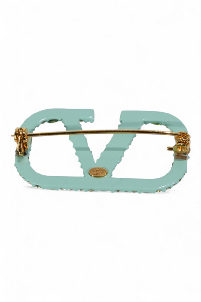 Valentino Garavani VLogo Crystal Brooch — Mint Green & White Variants