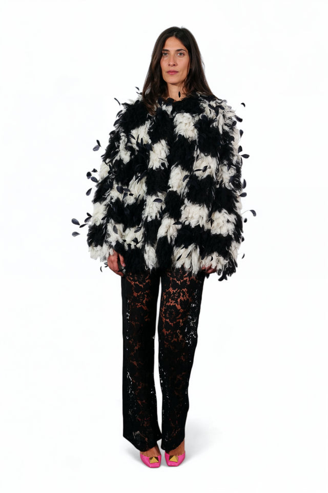 Valentino Black and White Feather-Embellished Coat